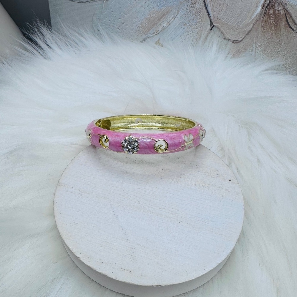 Pink Flower Enamel Cloisonne Bracelet Bangle Thick Style